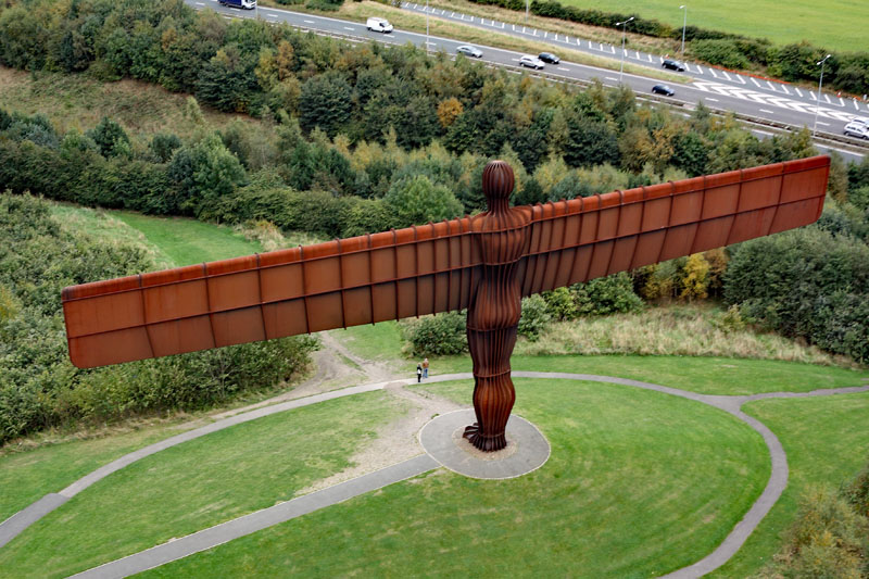 An aerial view of The Angel of the North, Gateshead, Northumberland, England