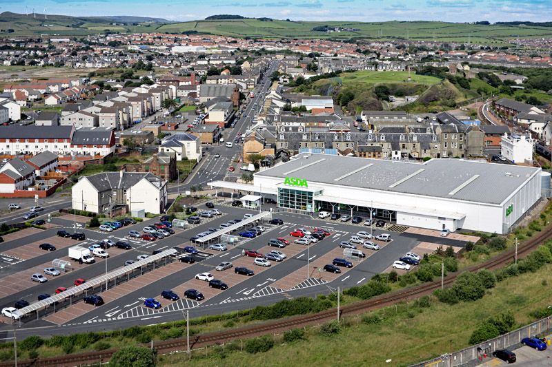 An aerial view of The Asda store at Ardrossan harbour, North Ayrshire