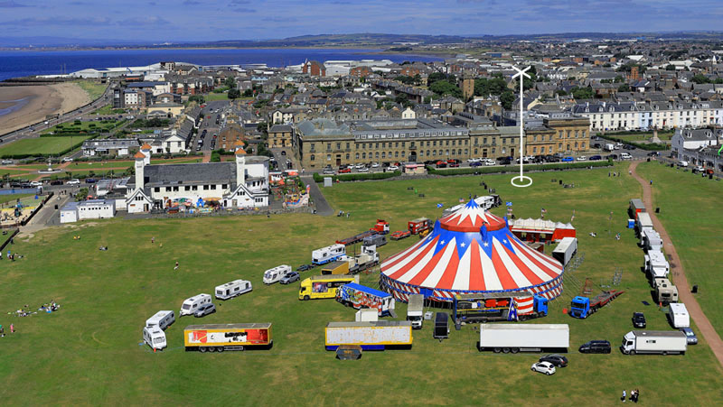 An aerial view of Circus Vegas, Low Green, Ayr, South Ayrshire