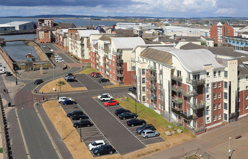 An aerial view of Ayr seafront flats, Ayr, South Ayrshire