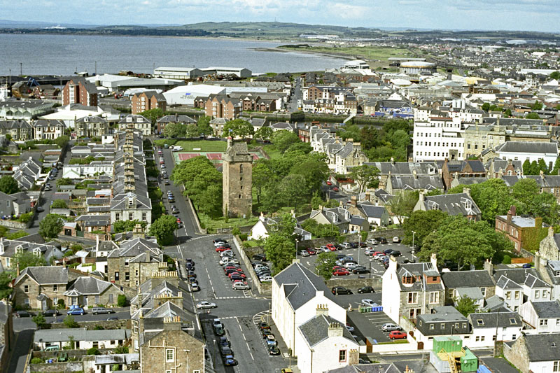 An aerial view of St John's Tower, Ayr, South Ayrshire