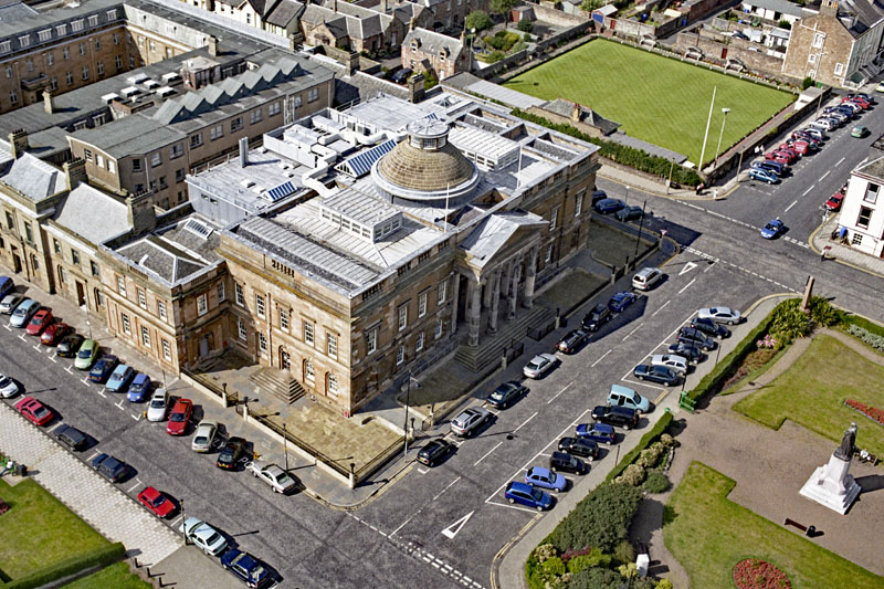 An aerial view of Ayr Sheriff Court, Wellington Square, Ayr, South Ayrshire