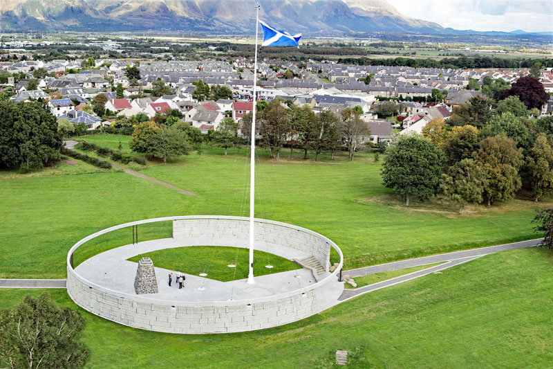 An aerial view of Battle of Bannockburn and Robert Bruce Monument, Stirling
