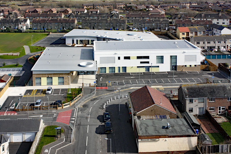 An aerial view of Barassie Primary School, Barassie, Troon, South Ayrshire