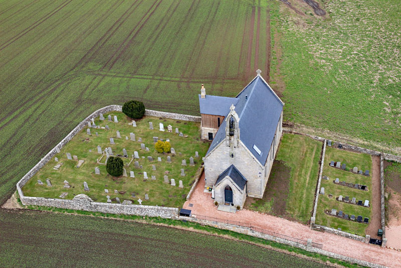 An aerial view of Boarhills Church, East Neuk of Fife