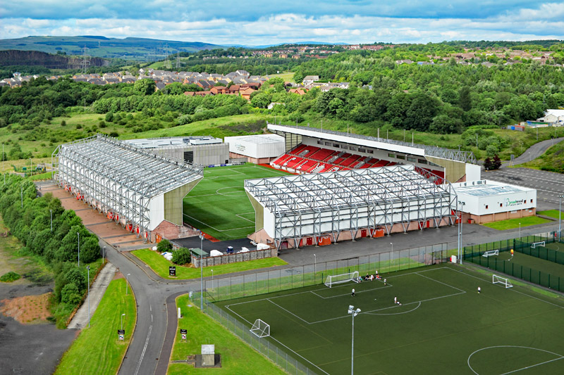An aerial view of Broadwood Stadium, Westfield, Cumbernauld, East Dunbartonshire