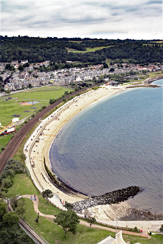 An aerial view of Burntisland seafront and leisure centre, Burntisland, Fife