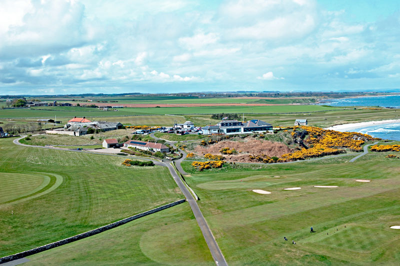 An aerial view of Crail Golfing Society, Balcomie and Craighead Links, East Neuk of Fife