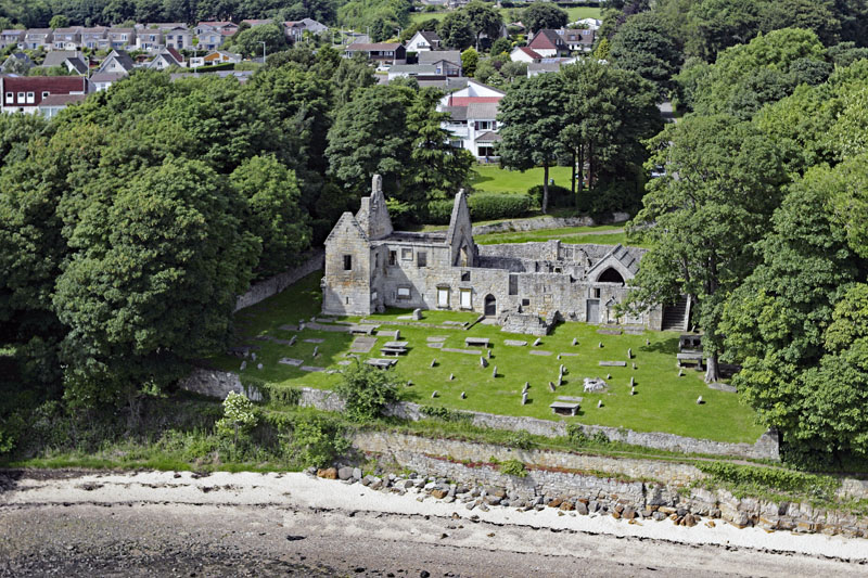 An aerial view of St Bridget's Chapel, Dalgety Bay, Fife