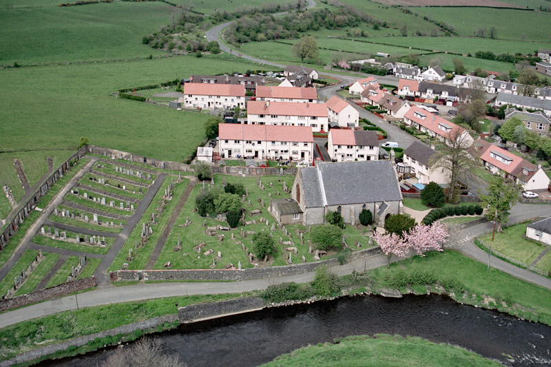 An aerial view of Dalrymple Parish Church, Dalrymple, South Ayrshire