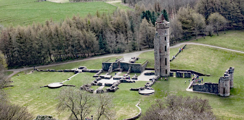 An aerial view of Eglinton Castle in Eglinton Park, Kilwinning, North Ayrshire