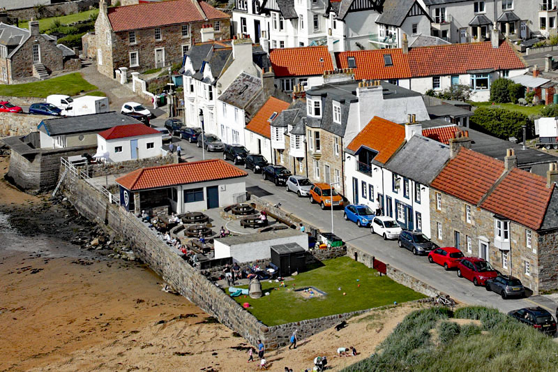 An aerial view of Elie harbour and seafront, Fife