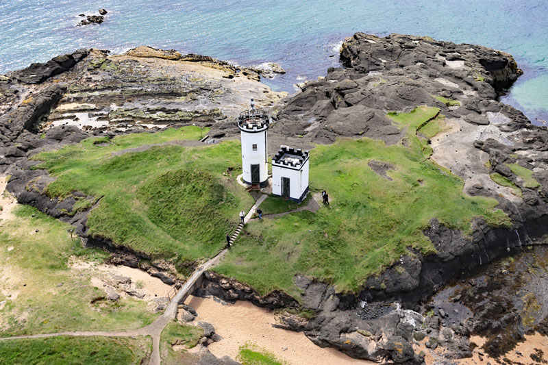 An aerial view of Elie Point Lighthouse, Fife