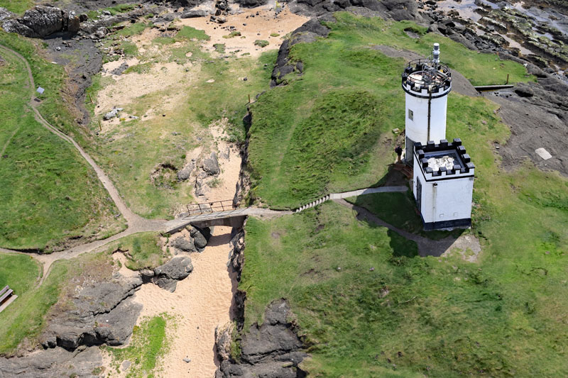 An aerial view of Elie Point Lighthouse, Fife