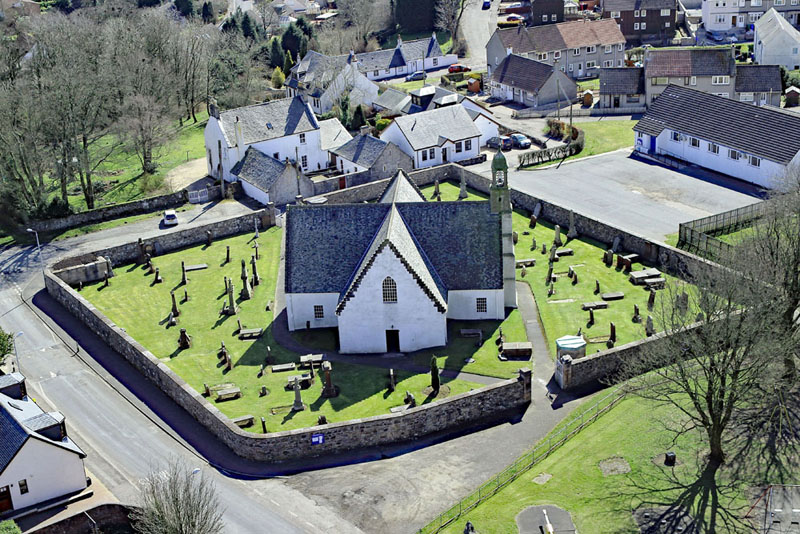 An aerial view of Fenwick Parish Church, Fenwick, East Ayrshire