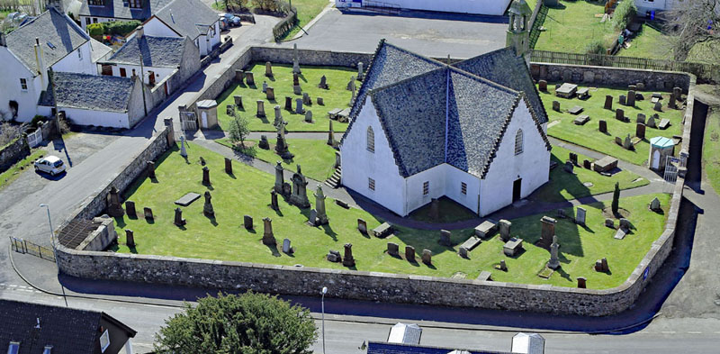 An aerial view of Fenwick Parish Church, Fenwick, East Ayrshire