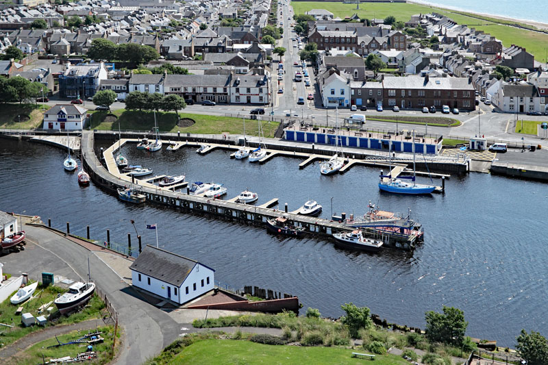 An aerial view of Girvan Harbour, RNLI and marina, South Ayrshire