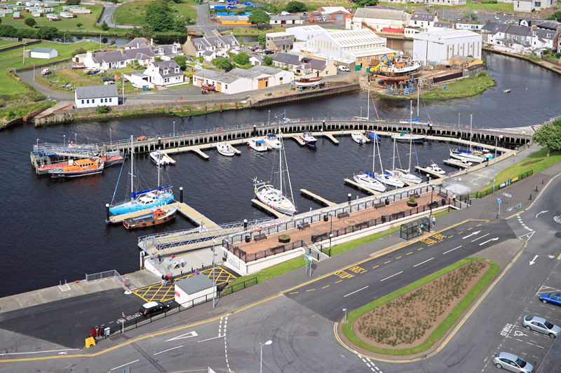 An aerial view of Girvan Harbour, RNLI and marina, South Ayrshire