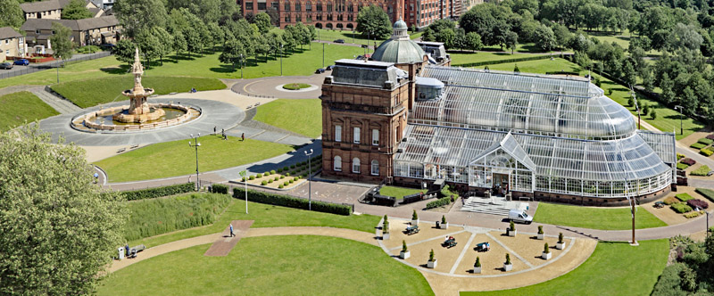 An aerial view of The People's Palace and Winter Gardens, Glasgow Green, Glasgow