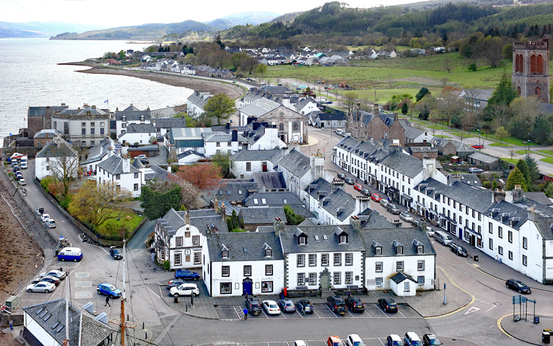 An aerial view of Front Street, Main Street, Inveraray, Argyll & Bute