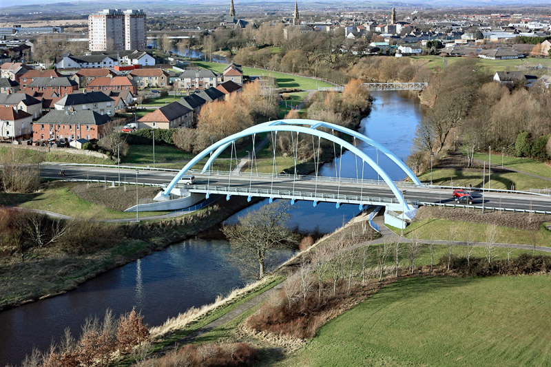 An aerial view of Foulertoun Arches / Bailey Bridge, Irvine, North Ayrshire
