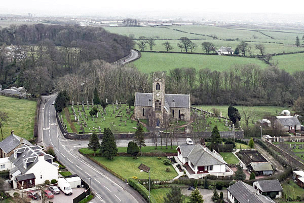 An aerial view of Kilmaurs Church and Place, north of Kilmarnock, East Ayrshire