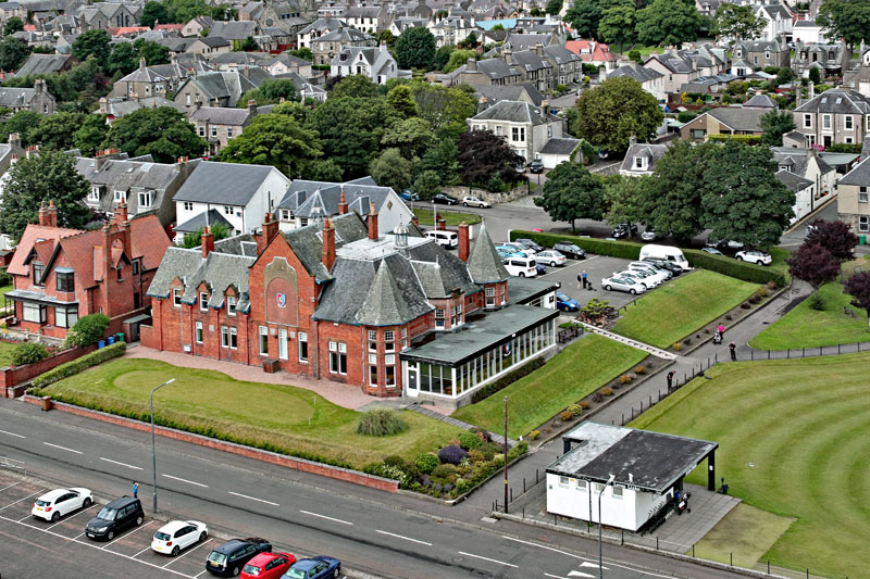 An aerial view of Leven golf clubs and Leven bowling club, Fife
