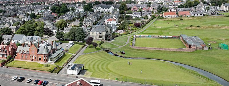 An aerial view of Leven Golf Clubs and Leven Bowling Club, Fife