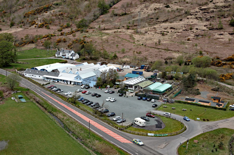 An aerial view of Loch Fyne Oyster Bar, Cairndow, Argyll & Bute