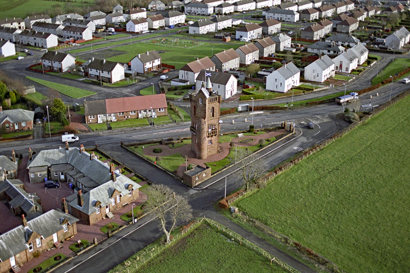 An aerial view of The National Burns Monument and Mossgiel Farm, Mauchline, East Ayrshire