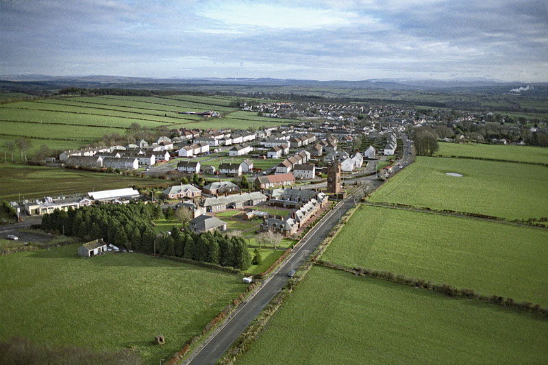 An aerial view of The National Burns Monument and Mossgiel Farm, Mauchline, East Ayrshire