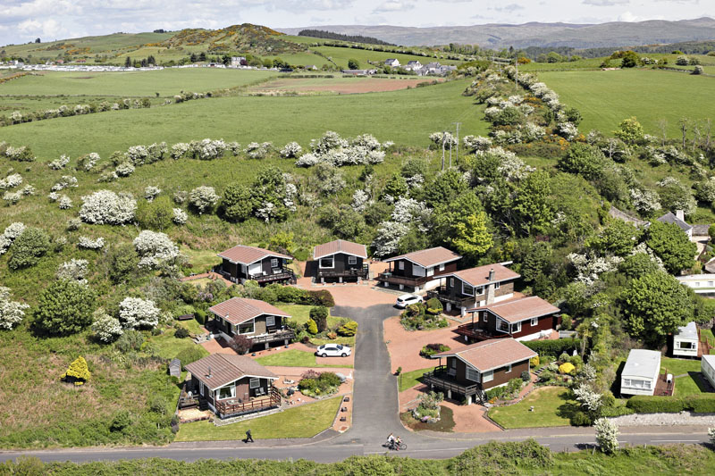 An aerial view of Caravan site and holiday homes in Millport on Cumbrae, North Ayrshire