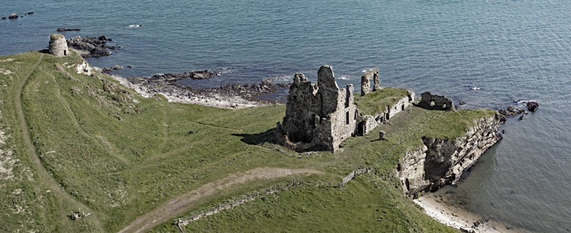 An aerial view of Newark Castle west of St Monans in the East Neuk of Fife