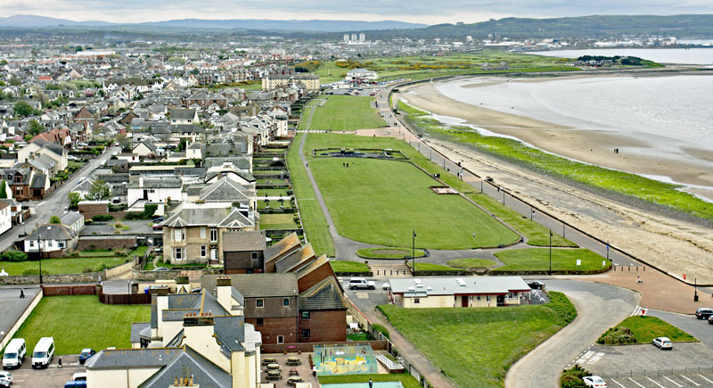 An aerial view of Prestwick Seafront, South Ayrshire