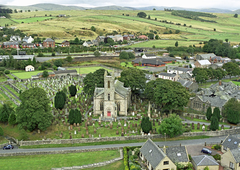 An aerial view of St Bride's Church and Sanquhar Academy, Dumfries & Galloway