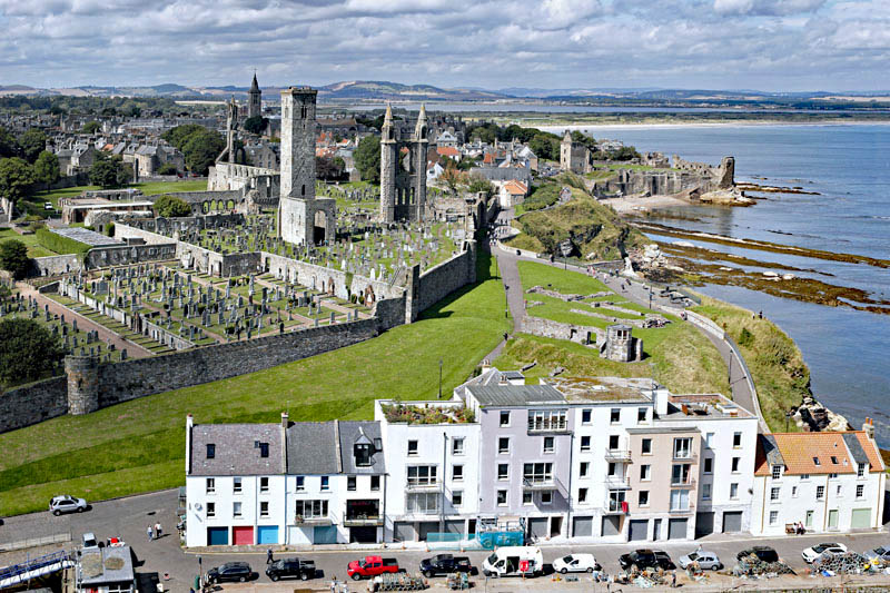 An aerial view of St Andrews Cathedral and Castle, Fife