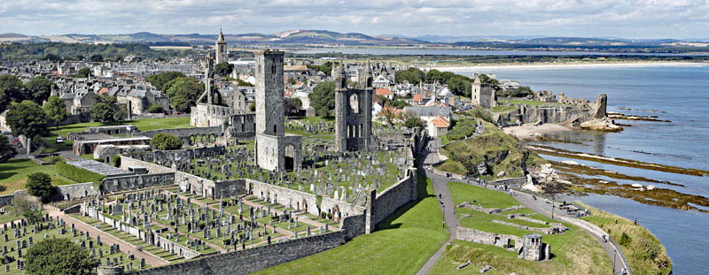 An aerial view of St Andrews Cathedral and Castle, Fife