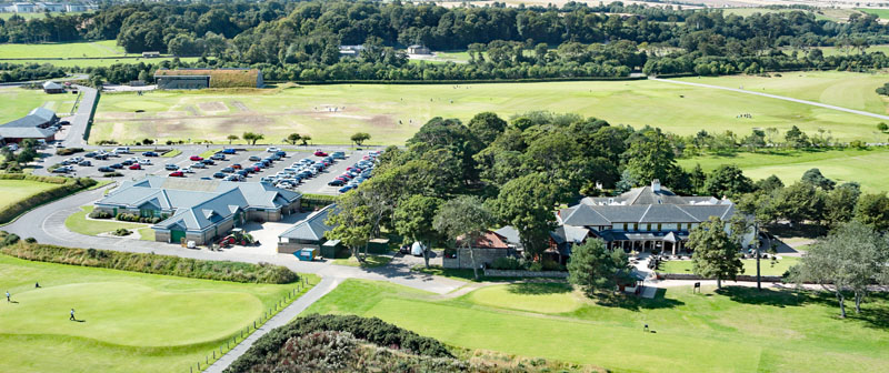 An aerial view of The Eden clubhouse and Pilmour House, St Andrews, Fife