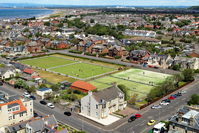 An aerial view of Troon tennis and bowling club, South Ayrshire