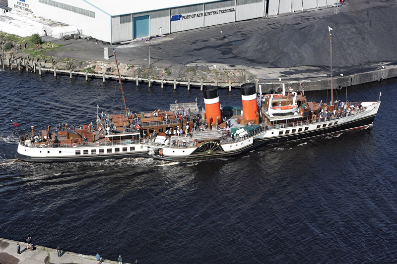 An aerial view of the Paddle Steamer Waverley arriving and berthing at Ayr Harbour, South Ayrshire