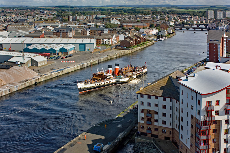 An aerial view of the Paddle Steamer Waverley Arriving and Berthing at Ayr Harbour, South Ayrshire