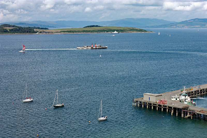 An aerial view of the Paddle Steamer Waverley at Fairlie Quay, North Ayrshire