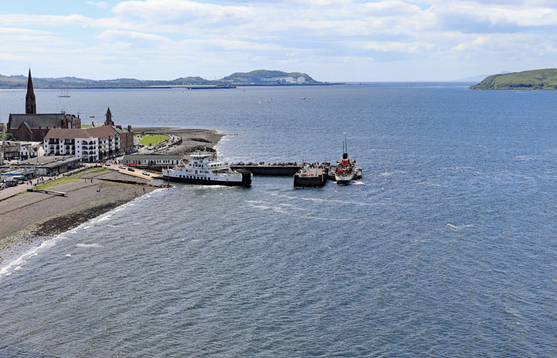 An aerial view of the Paddle Steamer Waverley Leaving Largs, North Ayrshire